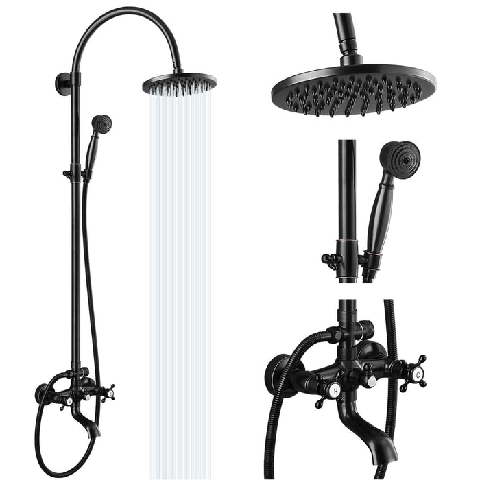 Gotonovo Exposed Shower Faucet Set Brass Dual Knobs 8 Inch Rainfall Round Head Mixer Tap Hand held Spray 3 Functions Shower System Tub Spout Bathroom Shower Combo Unit Set Wall Mounted