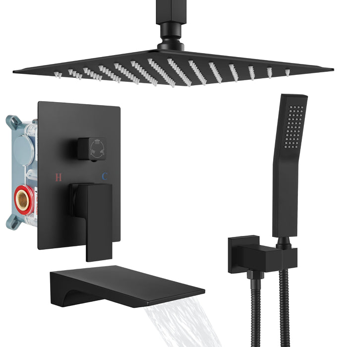 Gotonovo Rain Mixer Shower Faucet Set with Waterfall Tub Spout 12 inch Square Rainfall Shower Head with Handheld Spray Ceiling Mounted Pressure Balance Rough-in Valve and Trim Included