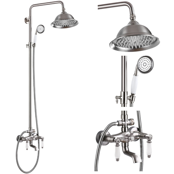 Gotonovo Exposed Shower System 8-inch Shower Head Fixture with Handheld Spray Double Lever Handle Bathtub Spout Triple Function Bathroom Wall Mount