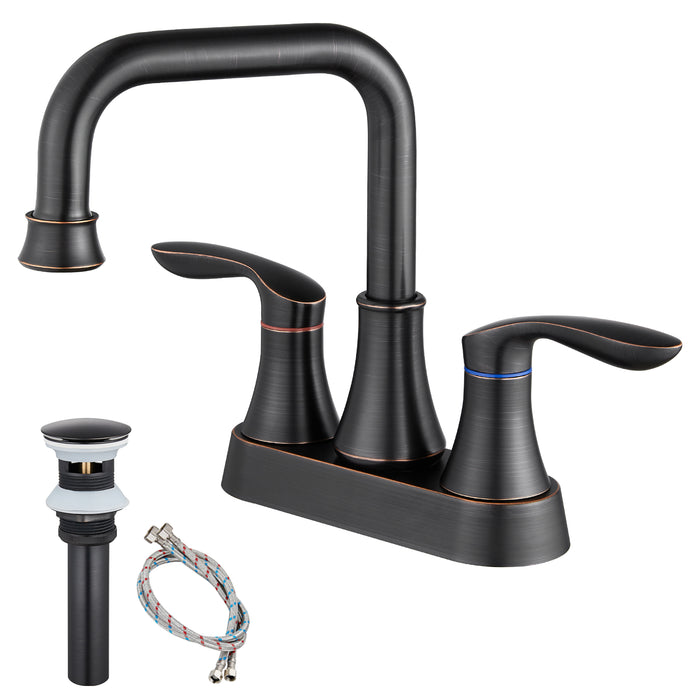 gotonovo Swivel Spout 2 Handle Lever Lavatory Bathroom Vessel Sink Faucet 4-Inch Centerset Deck Mount Mixer Tap with Metal Pop-up Drain Overflow and Faucet Supply Lines