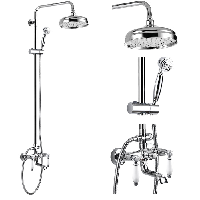 Gotonovo Exposed Shower System 8-inch Shower Head Fixture with Handheld Spray Double Lever Handle Tub Spout Triple Function Bathroom Wall Mount