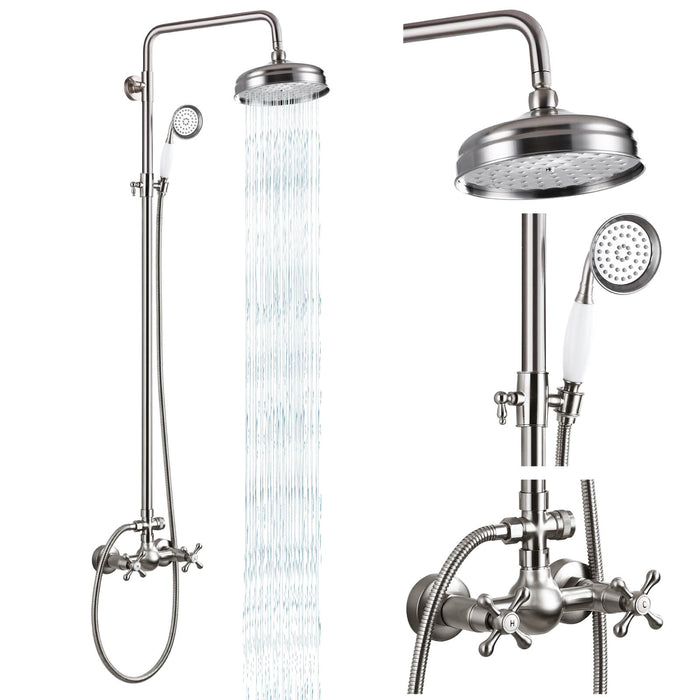 gotonovo Exposed Shower System Combo Set 8inch Rainfall Shower Head and Handheld Spray Double Knobs Cross Handle Dual Function Bathroom Shower Faucet Set