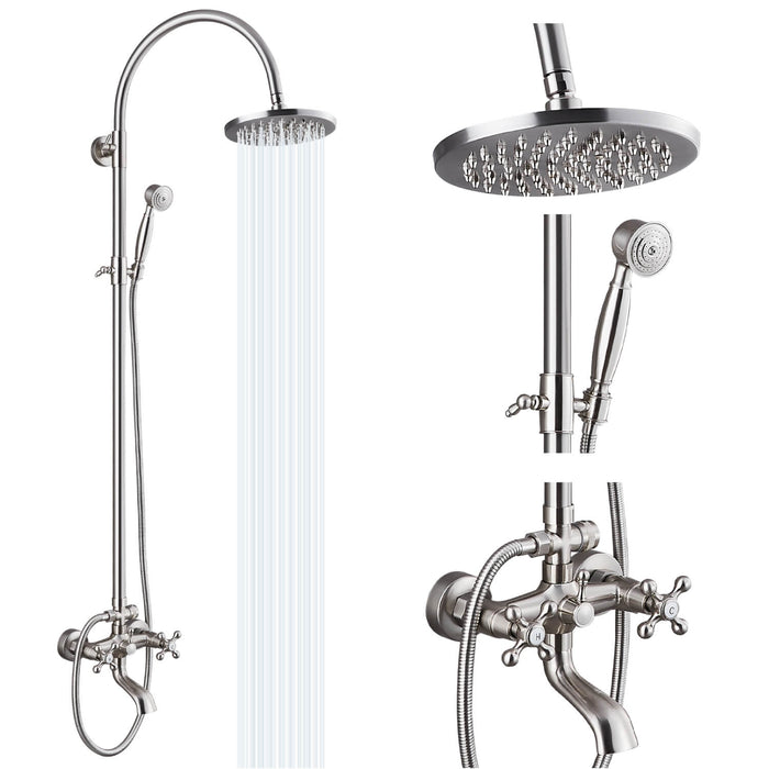 Gotonovo Exposed Shower Faucet Set Brass Dual Knobs 8 Inch Rainfall Round Head Mixer Tap Hand held Spray 3 Functions Shower System Tub Spout Bathroom Shower Combo Unit Set Wall Mounted