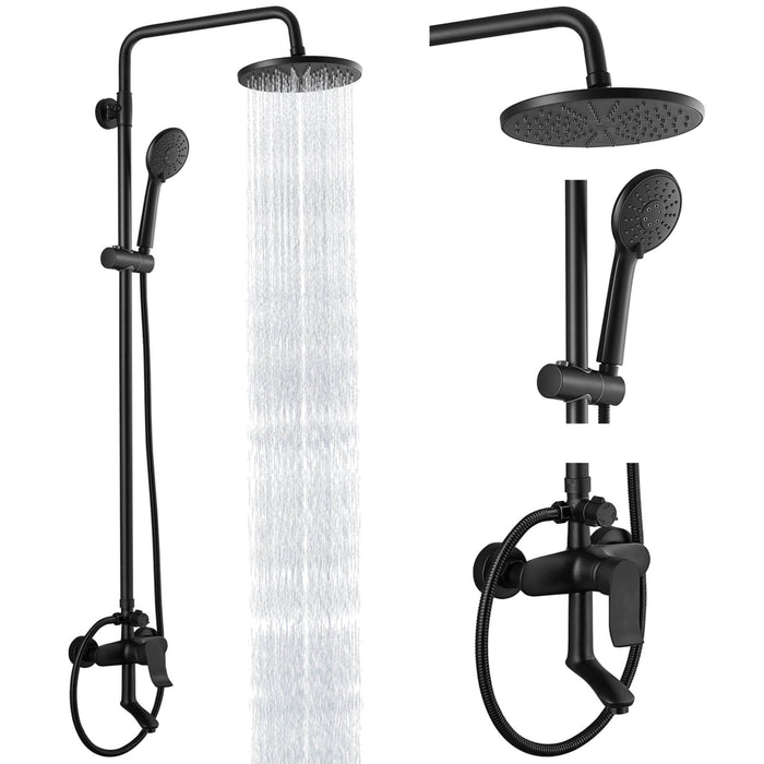 Exposed Bathroom Shower System Faucet Set Matte Black 8 Inch ABS Single 1 Handle ABS Shower Head Handheld Shower Adjustable Slide Bar Hand Spray Tub Spout Wall Mount Complete Set