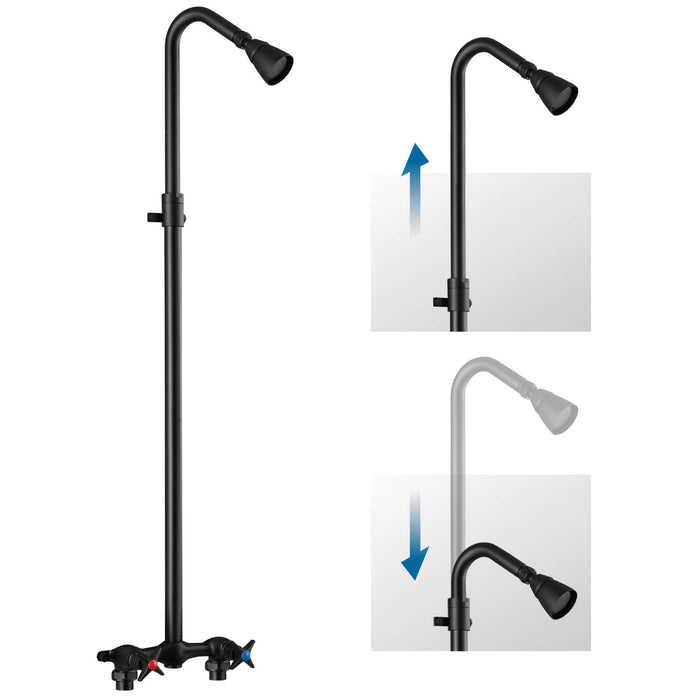 gotonovo Matte Black Outdoor Shower Fixtures Wall Mount Telescopic Pipe Double Cross Handle Brass Mixer Valve Adjustable Shower Head Exposed Shower Kit Water Inlet Down