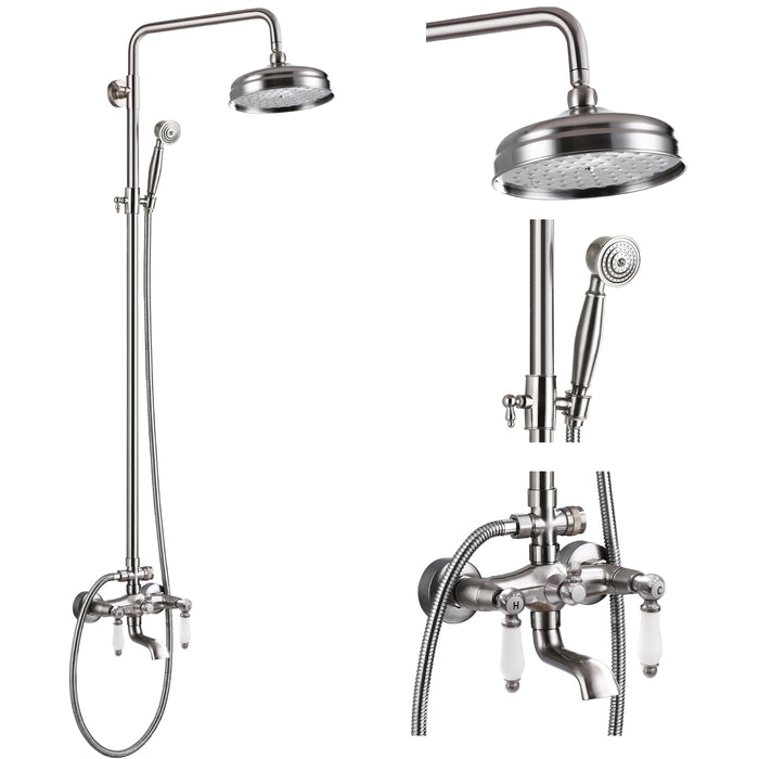 Gotonovo Exposed Shower System 8-inch Shower Head Fixture with Handheld Spray Double Lever Handle Tub Spout Triple Function Bathroom Wall Mount