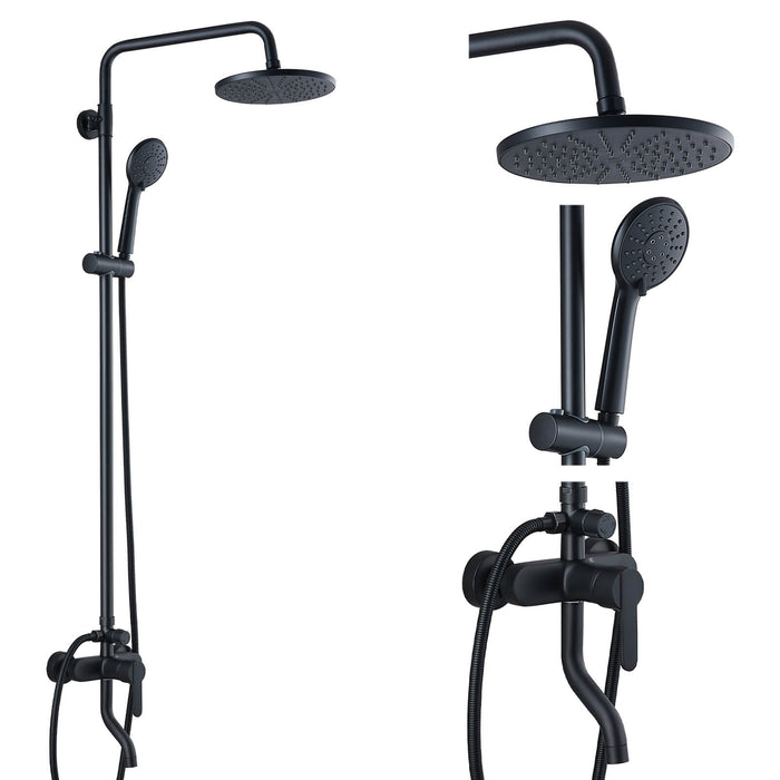Gotonovo Matte Black Exposed Shower System 8 Inch ABS Round Rainfall Shower Head with ABS Handheld Sprayer Adjustable Slide Bar Hand Spray Wall Mount Set