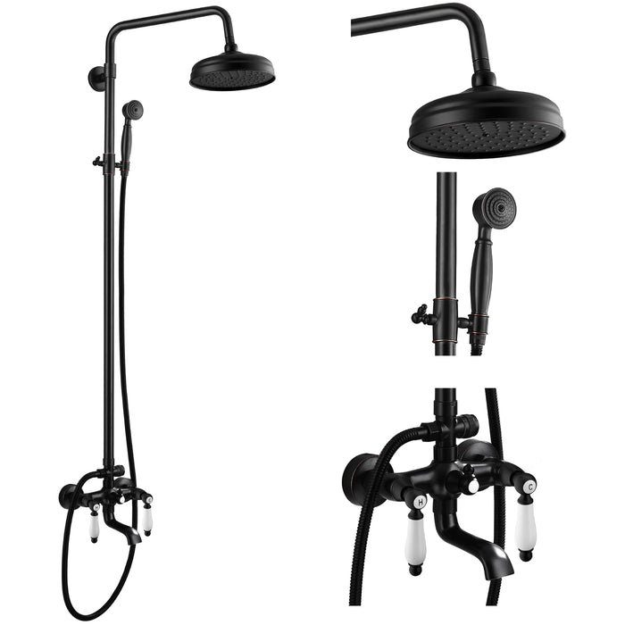 Gotonovo Exposed Shower System 8-inch Shower Head Fixture with Handheld Spray Double Lever Handle Tub Spout Triple Function Bathroom Wall Mount