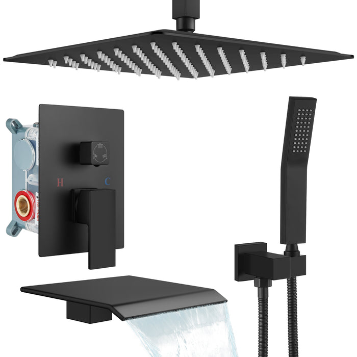 gotonovo 12 Inch Rain Mixer Shower Faucet Set with Waterfall Tub Spout Ceiling Mount with Handheld Spray Pressure Balance Rough-in Valve and Trim Included