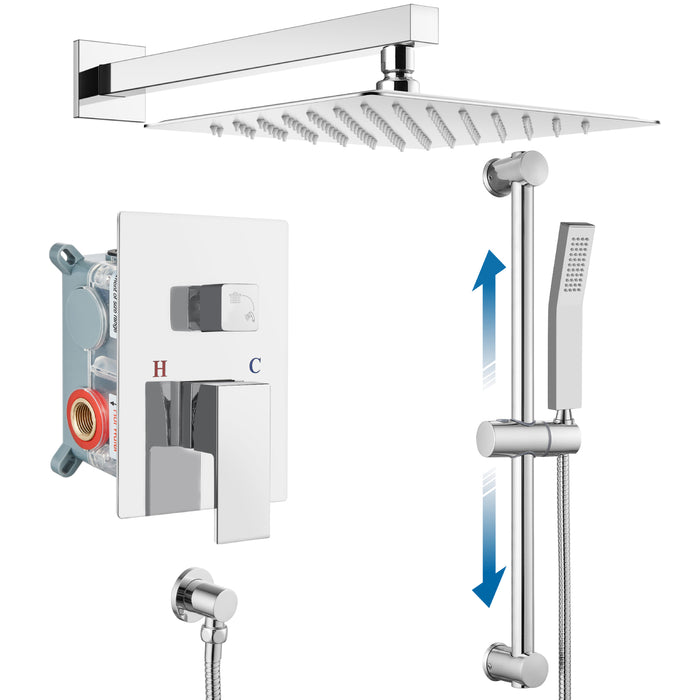 Gotonovo Rain Shower Combo Set Wall Mount 12 inch Square Rain Shower Head with Adjustable Angle Slide Bar Shower Trim Kit Pressure Balance Shower System Rough-in Valve and Trim Included