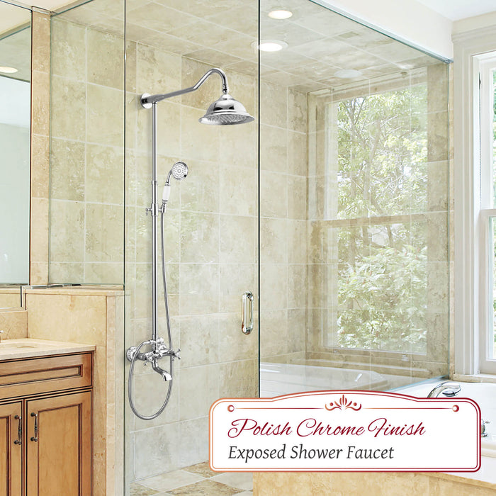 Shower System Set Complete 8 Rain Shower Faucet 2 Double Knobs Handle Triple Function Tub Spout Shower Fixture Unit 12 Inch Extention