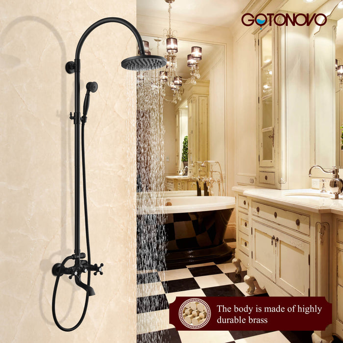 Gotonovo Exposed Shower Faucet Set Brass Dual Knobs 8 Inch Rainfall Round Head Mixer Tap Hand held Spray 3 Functions Shower System Tub Spout Bathroom Shower Combo Unit Set Wall Mounted