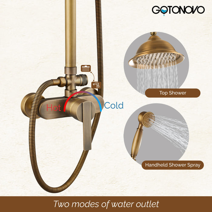 gotonovo Exposed Pipe Shower System Brass 8 Inch Overhead Rainfall Shower Fixture with Handheld Spray Dual Functions Solid Diverter Wall Mounte Bathroom Shower Faucet Combo Unit Set