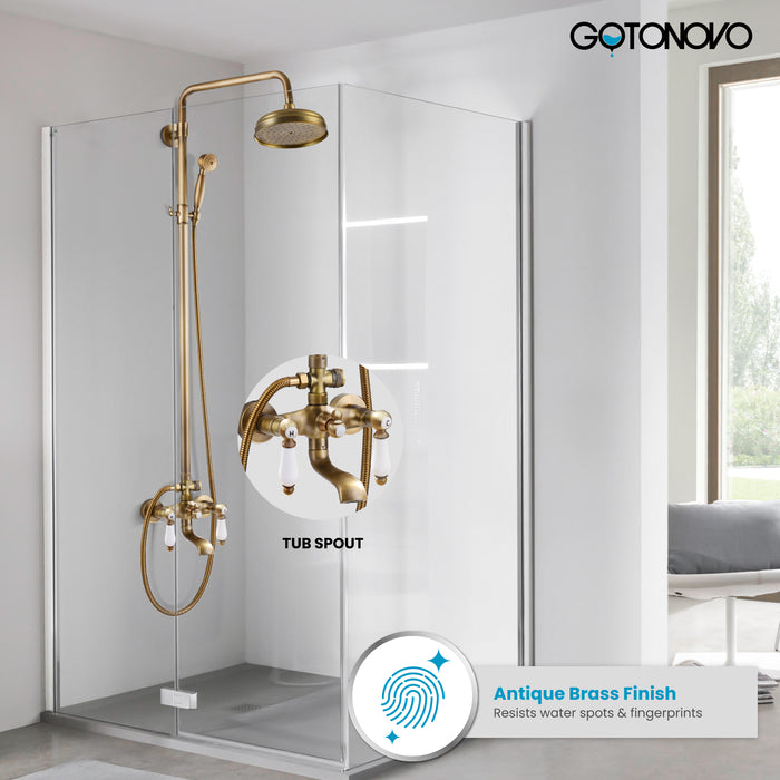 Gotonovo Exposed Shower System 8-inch Shower Head Fixture with Handheld Spray Double Lever Handle Tub Spout Triple Function Bathroom Wall Mount