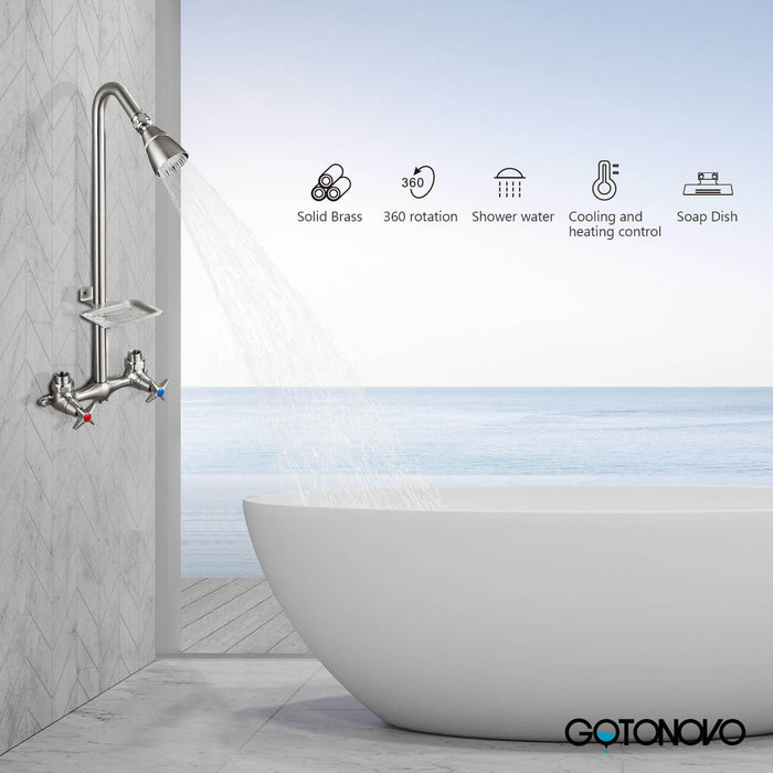 gotonovo Outdoor Shower Faucet Set Double Cross Handles Exposed Shower System Rainfall Shower Head Wall Mount Shower Fixture Kit Brass Mix Valve
