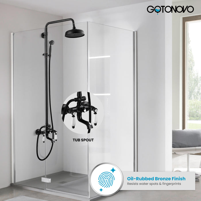 Gotonovo Exposed Shower System 8-inch Shower Head Fixture with Handheld Spray Double Lever Handle Tub Spout Triple Function Bathroom Wall Mount