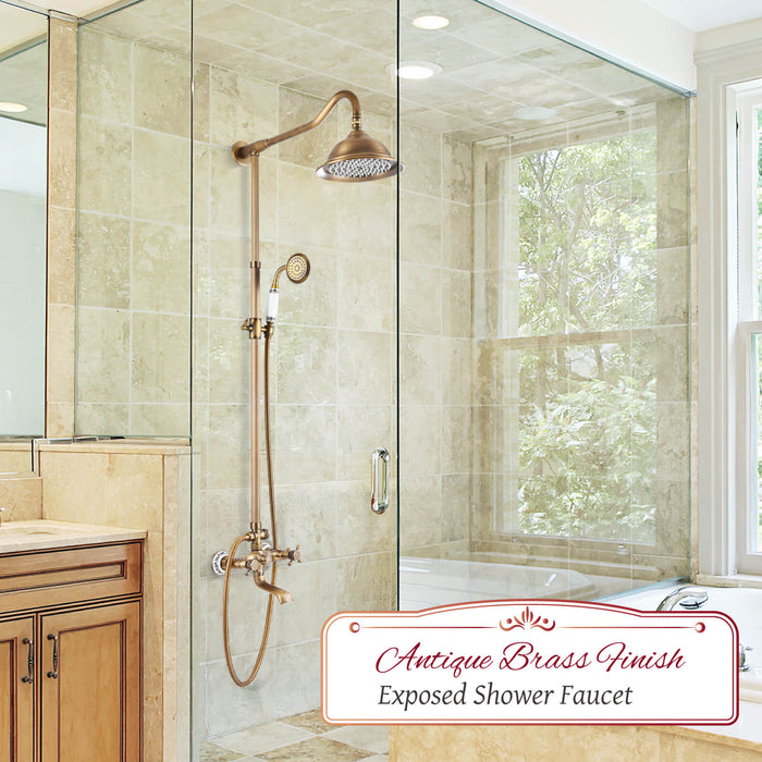 Shower System Set Complete 8 Rain Shower Faucet 2 Double Knobs Handle Triple Function Tub Spout Shower Fixture Unit 12 Inch Extention