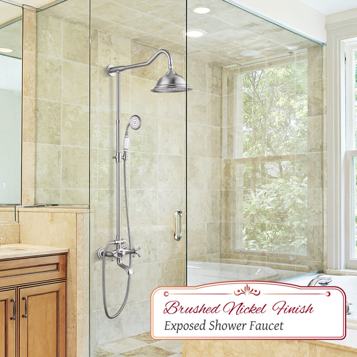 Shower System Set Complete 8 Rain Shower Faucet 2 Double Knobs Handle Triple Function Tub Spout Shower Fixture Unit 12 Inch Extention