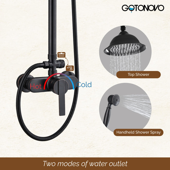 gotonovo Exposed Pipe Shower System Brass 8 Inch Overhead Rainfall Shower Fixture with Handheld Spray Dual Functions Solid Diverter Wall Mounte Bathroom Shower Faucet Combo Unit Set