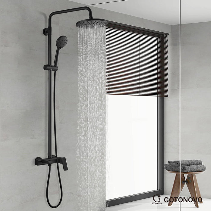 Gotonovo Exposed Shower Faucet Matte Black 8 inch Rain ABS Shower Head and Handheld Sprayer Shower Fixture Combo System Unit Set