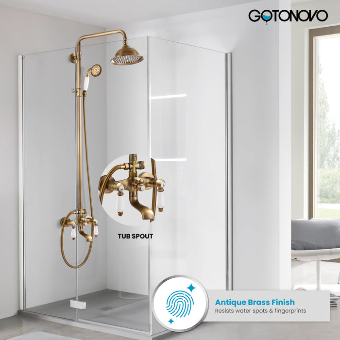 Gotonovo Exposed Shower System 8-inch Shower Head Fixture with Handheld Spray Double Lever Handle Bathtub Spout Triple Function Bathroom Wall Mount