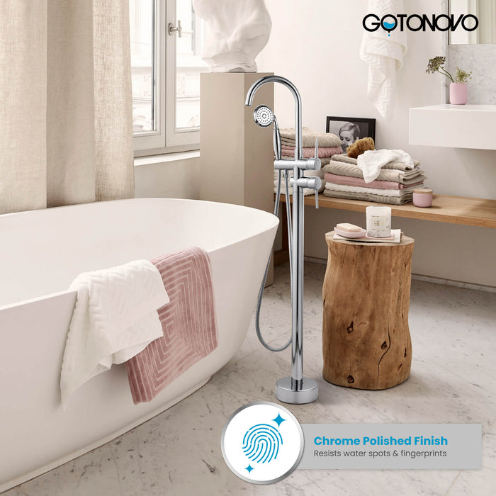 gotonovo Freestanding Bathtub Faucet Tub Filler with Hand Held Shower Floor-Mount High Flow Brass Bathtub Faucet with Hand Sprayer