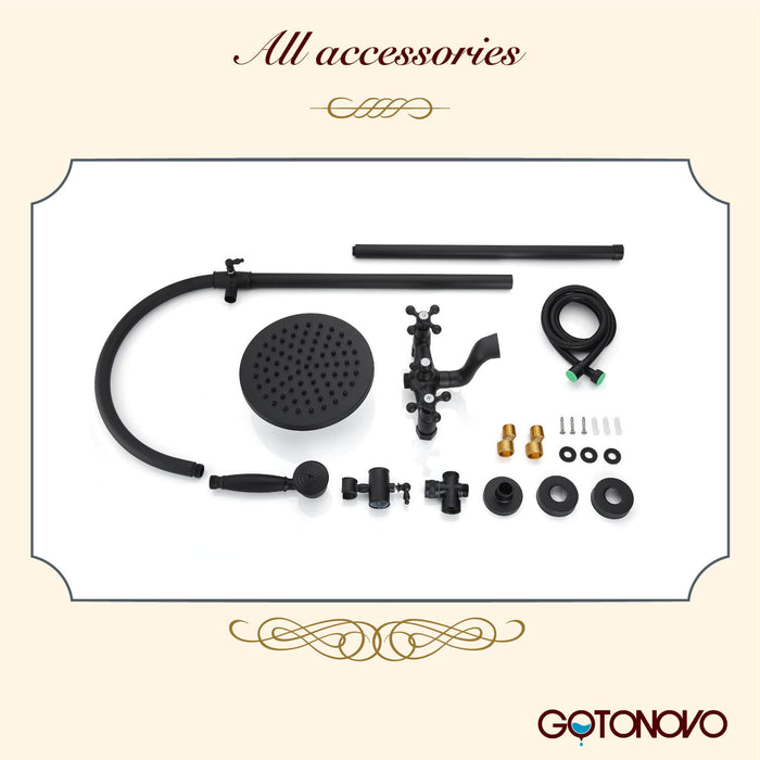 Gotonovo Exposed Shower Faucet Set Brass Dual Knobs 8 Inch Rainfall Round Head Mixer Tap Hand held Spray 3 Functions Shower System Tub Spout Bathroom Shower Combo Unit Set Wall Mounted
