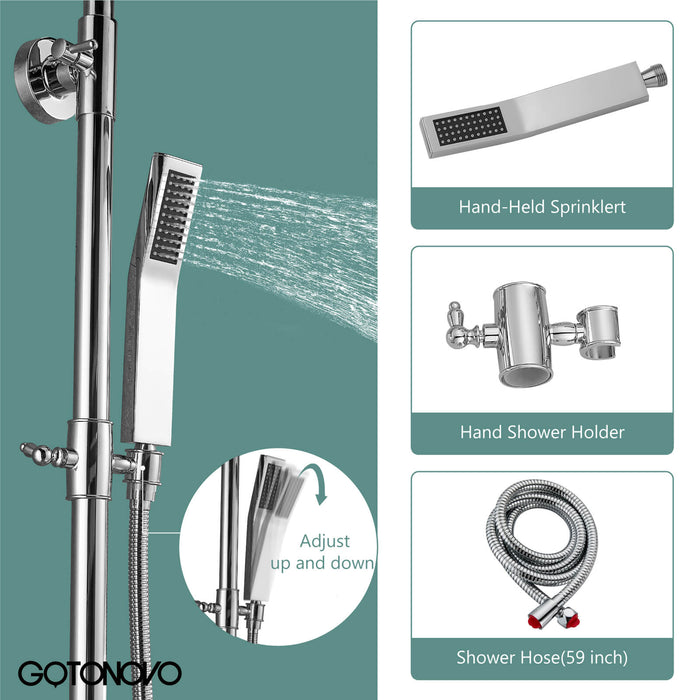 Polish Chrome Exposed Shower System 2 Functional Bathroom Shower Set 8 Inch Square Rainfall Shower Head with Hand Sprayer Wall Mounted