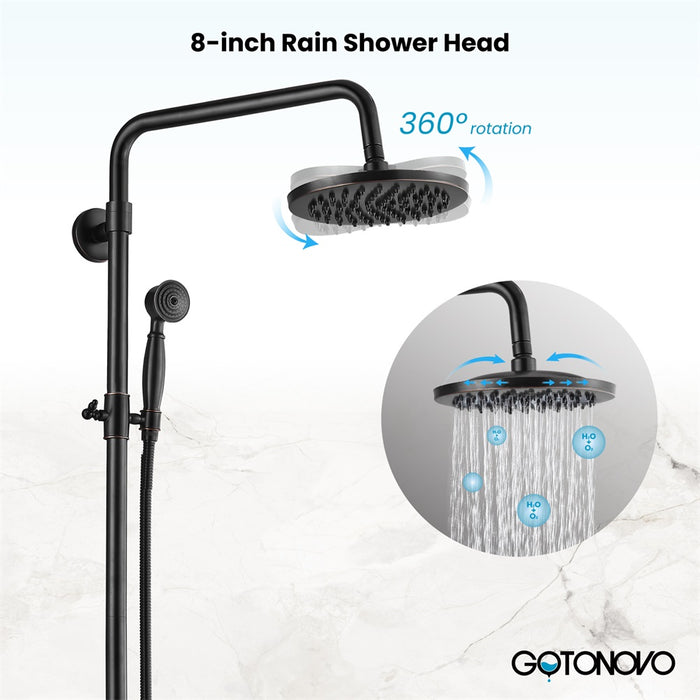 Gotonovo Oil Rubbed Bronze Exposed Pipe Shower System 8 Inch Rainfall Shower Head Brass Fixture Combo Set Single Handle with Handheld Sprayer Bathroom Shower Faucet Adjustable Showerhead Bar Dual Functions