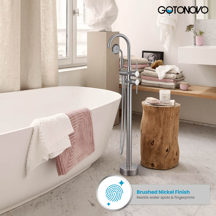 gotonovo Freestanding Bathtub Faucet Tub Filler with Hand Held Shower Floor-Mount High Flow Brass Bathtub Faucet with Hand Sprayer
