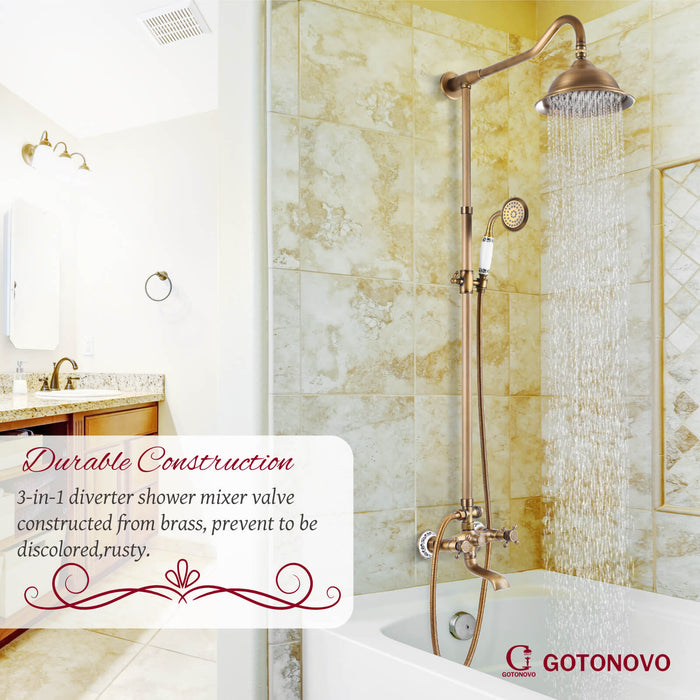 Shower System Set Complete 8 Rain Shower Faucet 2 Double Knobs Handle Triple Function Tub Spout Shower Fixture Unit 12 Inch Extention