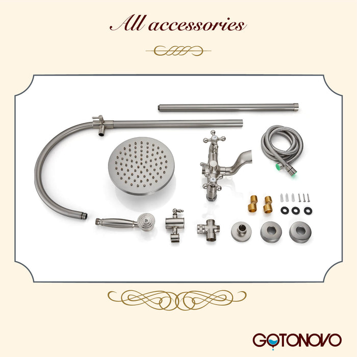 Gotonovo Exposed Shower Faucet Set Brass Dual Knobs 8 Inch Rainfall Round Head Mixer Tap Hand held Spray 3 Functions Shower System Tub Spout Bathroom Shower Combo Unit Set Wall Mounted