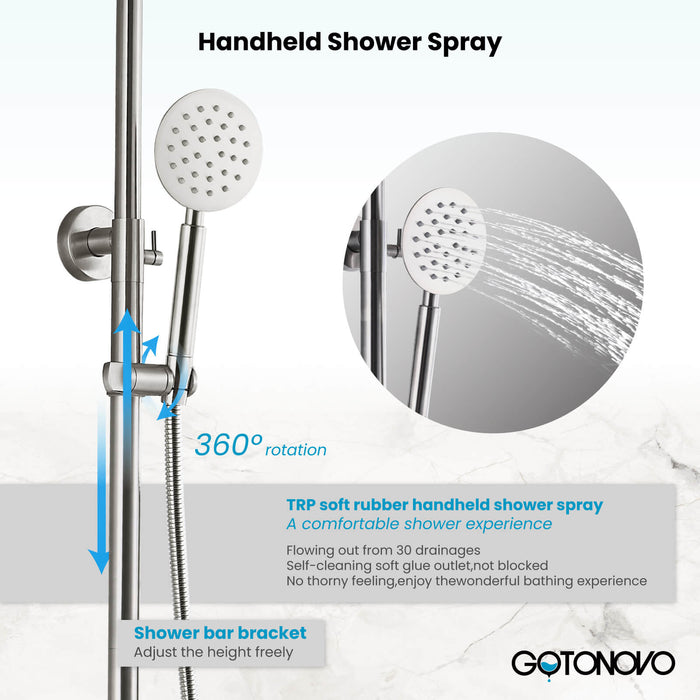 gotonovo Shower Fixture Wall Mount SUS 304 Stainless Steel Triple Function with Hand Sprayer and Tub Spout 8 Inch Rainfall Shower Head Shower faucet Set Bathroom Complete Set