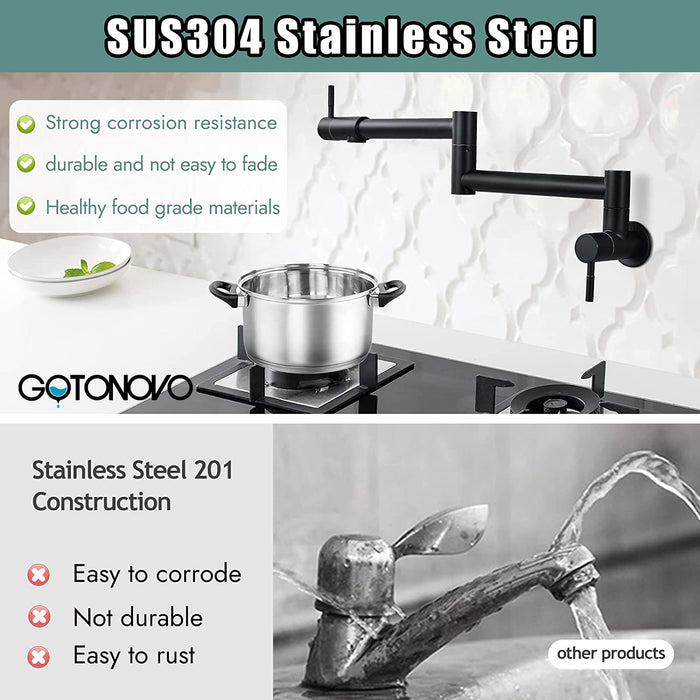gotonovo Pot Filler Faucet Folding Stretchable Wall Mount Kitchen Restaurant Sink Faucet SUS304 Stainless Steel with Double Joint Swing Arm Single Hole Two Handles Commercial NPT