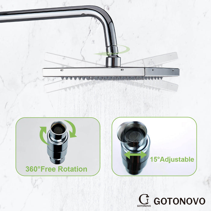 Gotonovo Exposed Shower System 8 Inch Square Swivel Rainfall Shower Head with Handheld Adjustable Complete Set Wall Mount