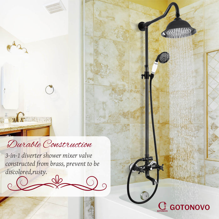 Shower System Set Complete 8 Rain Shower Faucet 2 Double Knobs Handle Triple Function Tub Spout Shower Fixture Unit 12 Inch Extention