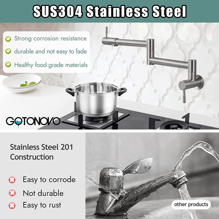gotonovo Pot Filler Faucet Folding Stretchable Wall Mount Kitchen Restaurant Sink Faucet SUS304 Stainless Steel with Double Joint Swing Arm Single Hole Two Handles Commercial NPT