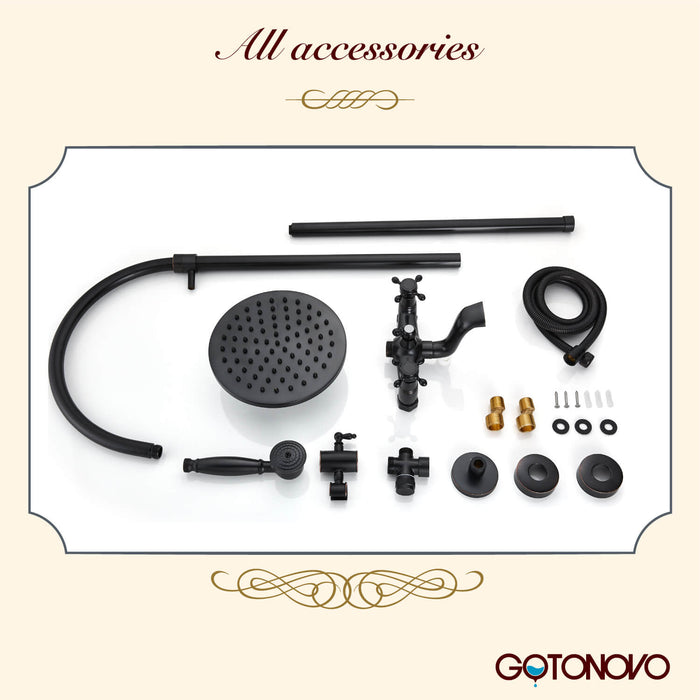Gotonovo Exposed Shower Faucet Set Brass Dual Knobs 8 Inch Rainfall Round Head Mixer Tap Hand held Spray 3 Functions Shower System Tub Spout Bathroom Shower Combo Unit Set Wall Mounted