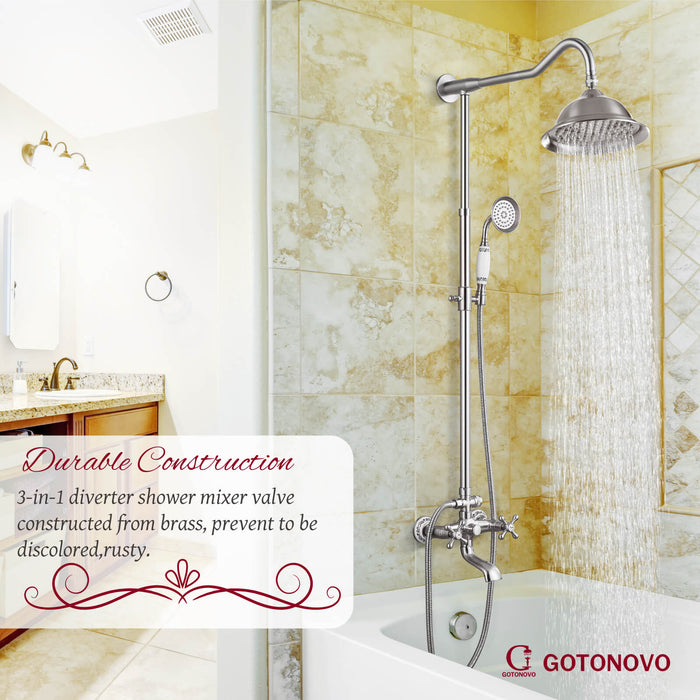 Shower System Set Complete 8 Rain Shower Faucet 2 Double Knobs Handle Triple Function Tub Spout Shower Fixture Unit 12 Inch Extention