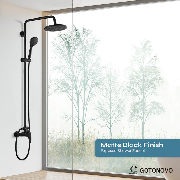Gotonovo Exposed Shower Faucet Matte Black 8 inch Rain ABS Shower Head and Handheld Sprayer Shower Fixture Combo System Unit Set