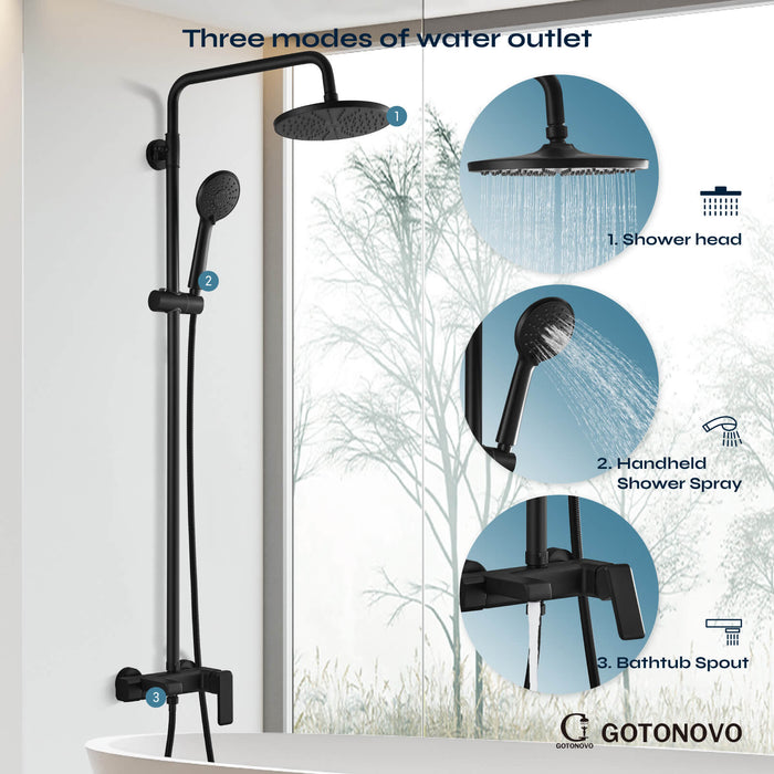 Gotonovo Exposed Shower Faucet Matte Black 8 inch Rain ABS Shower Head and Handheld Sprayer Shower Fixture Combo System Unit Set