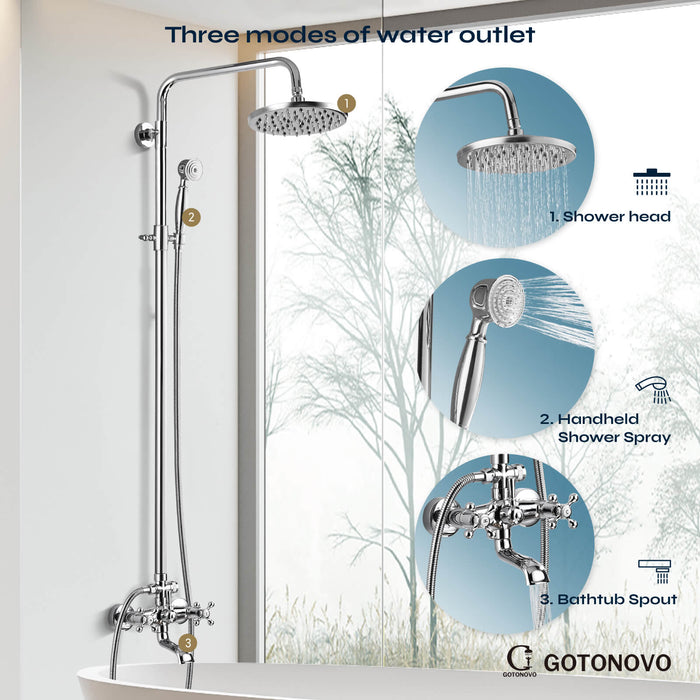 gotonovo Exposed Shower Set 8inch Top Shower Double Knobs cross Handle with Tub Spout Triple Function Shower Fixture System Set