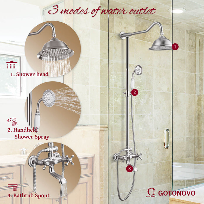 Shower System Set Complete 8 Rain Shower Faucet 2 Double Knobs Handle Triple Function Tub Spout Shower Fixture Unit 12 Inch Extention