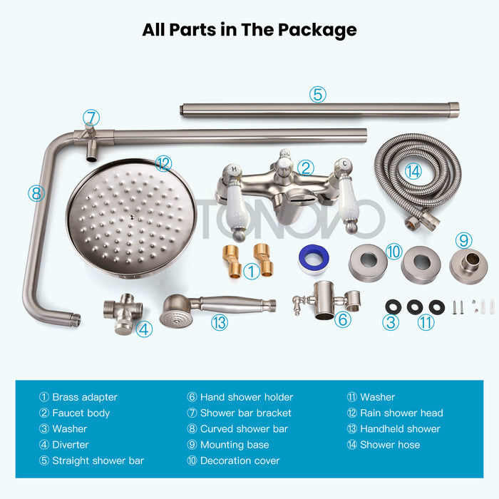 Gotonovo Exposed Shower System 8-inch Shower Head Fixture with Handheld Spray Double Lever Handle Tub Spout Triple Function Bathroom Wall Mount