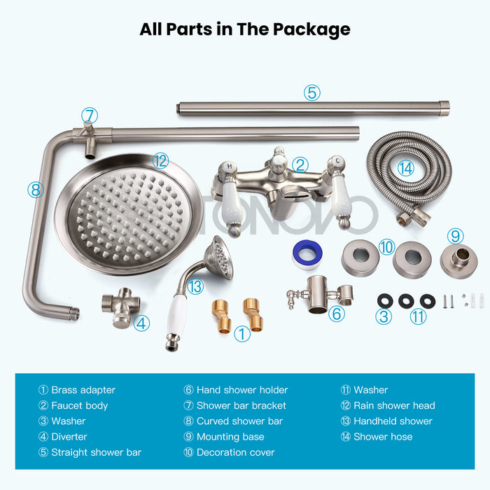 Gotonovo Exposed Shower System 8-inch Shower Head Fixture with Handheld Spray Double Lever Handle Bathtub Spout Triple Function Bathroom Wall Mount