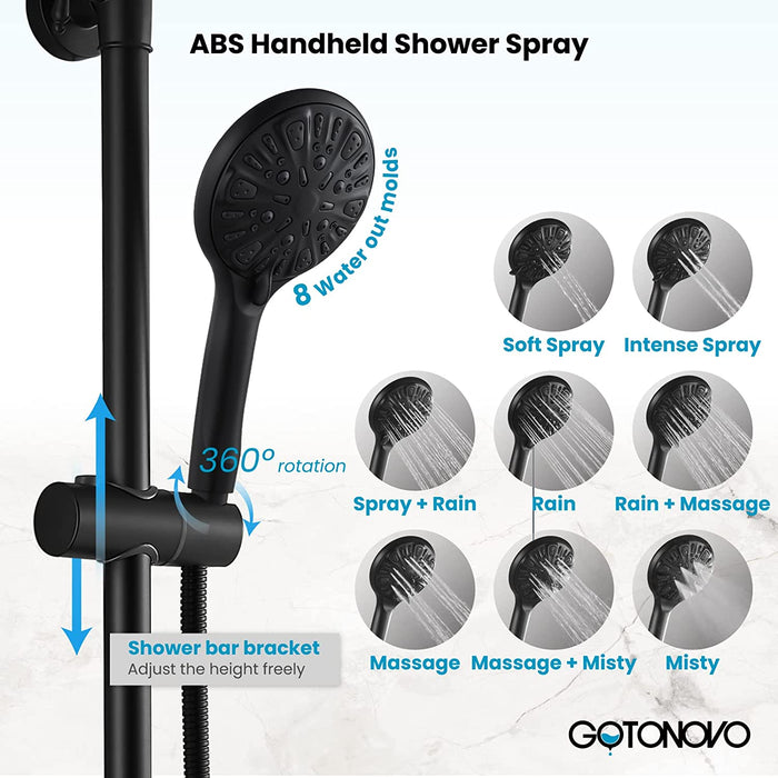 gotonovo Exposed Bathtub Shower Set Wall Mounted Matte Black Shower Fixtures Brass 8 Inch Shower Head with ABS Handheld Shower and Adjustable Slide Bar Hand Spray Bathroom Shower System with Tub Spout