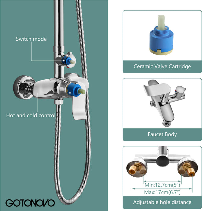 Polish Chrome Exposed Shower System 2 Functional Bathroom Shower Set 8 Inch Square Rainfall Shower Head with Hand Sprayer Wall Mounted