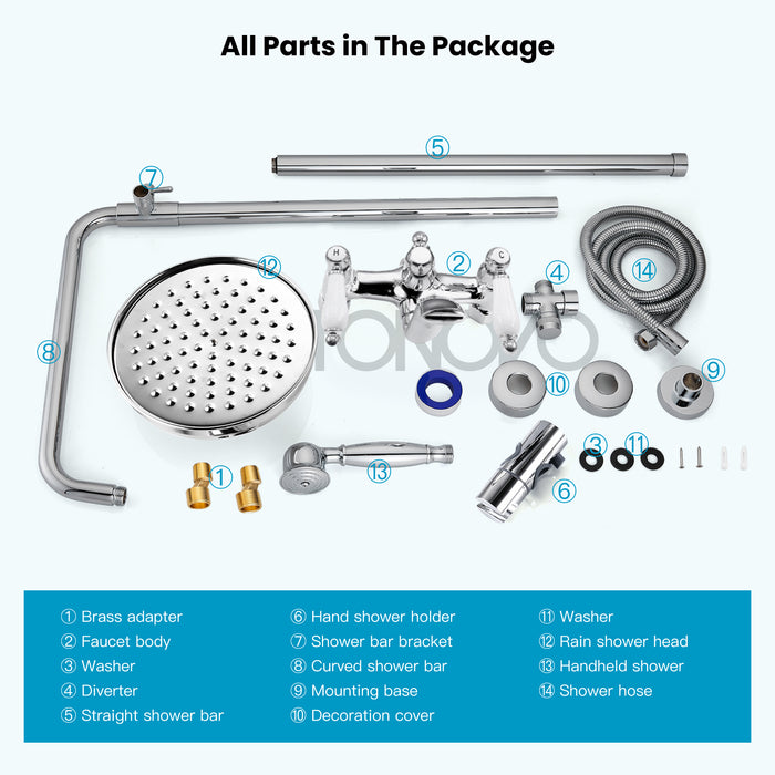 Gotonovo Exposed Shower System 8-inch Shower Head Fixture with Handheld Spray Double Lever Handle Tub Spout Triple Function Bathroom Wall Mount