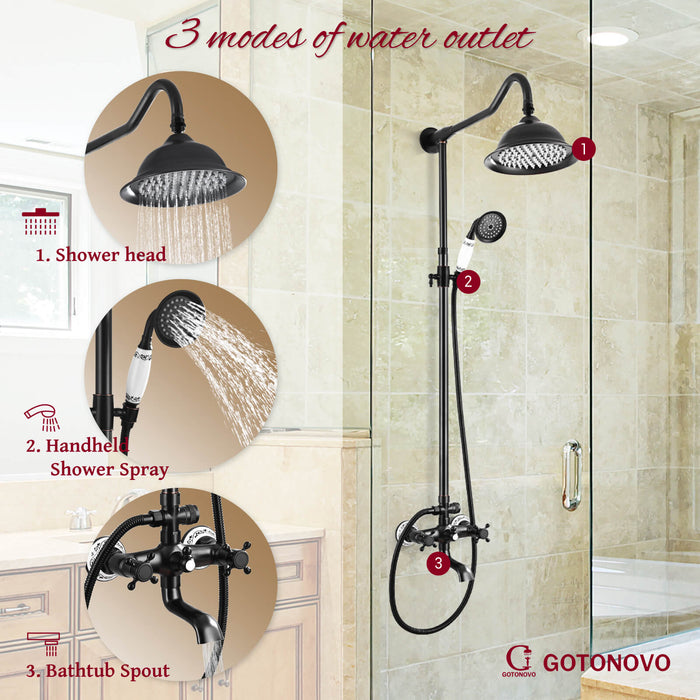 Shower System Set Complete 8 Rain Shower Faucet 2 Double Knobs Handle Triple Function Tub Spout Shower Fixture Unit 12 Inch Extention