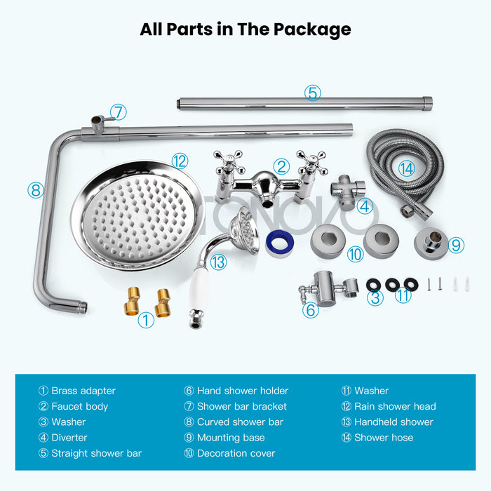 Gotonovo Exposed Shower System 8 Inch Rainfall Shower Head Dual Cross Handle with Handheld Spray Bathroom Shower System Wall Mount